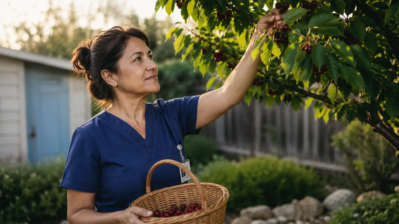 Woman in scrubs picking dark red cherries from a backyard tree in early morning light, wicker basket in hand