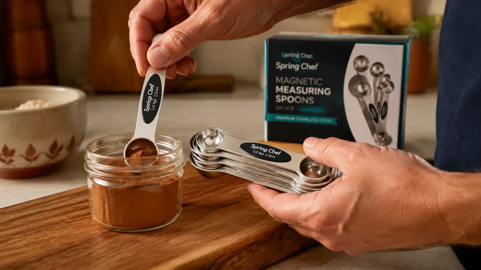 Hand pulling a single magnetic measuring spoon off a stacked set to scoop cinnamon