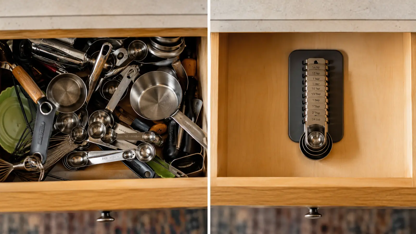 Open kitchen drawer showing a tangled ring of old measuring spoons next to a tidy magnetic stack