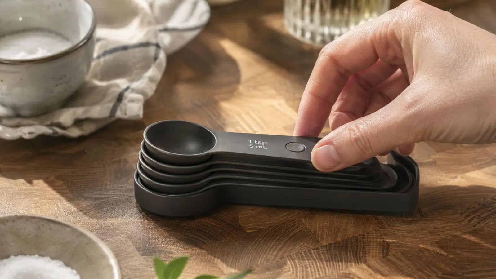 Magnetic measuring spoons stacked together on a kitchen counter with morning light