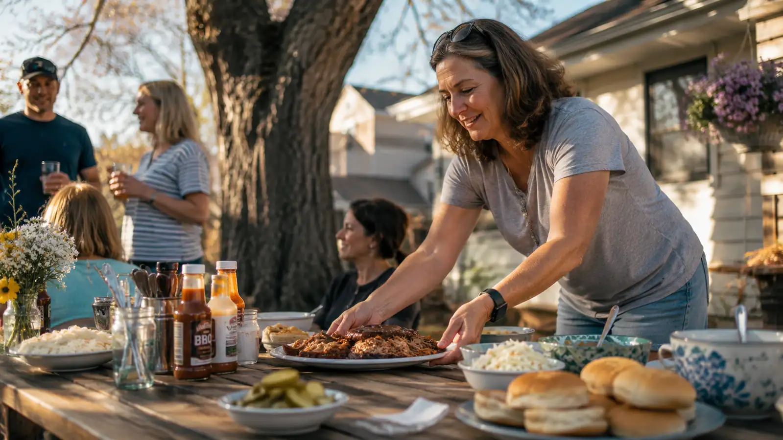 Family gathered around a picnic table piled with pulled pork sandwiches and coleslaw
