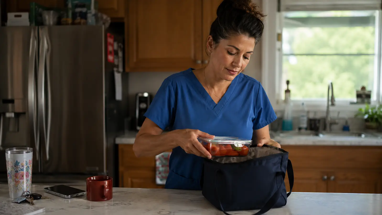Woman in scrubs packing a stretch-lid-covered container of harvested tomatoes into a tote bag before a shift