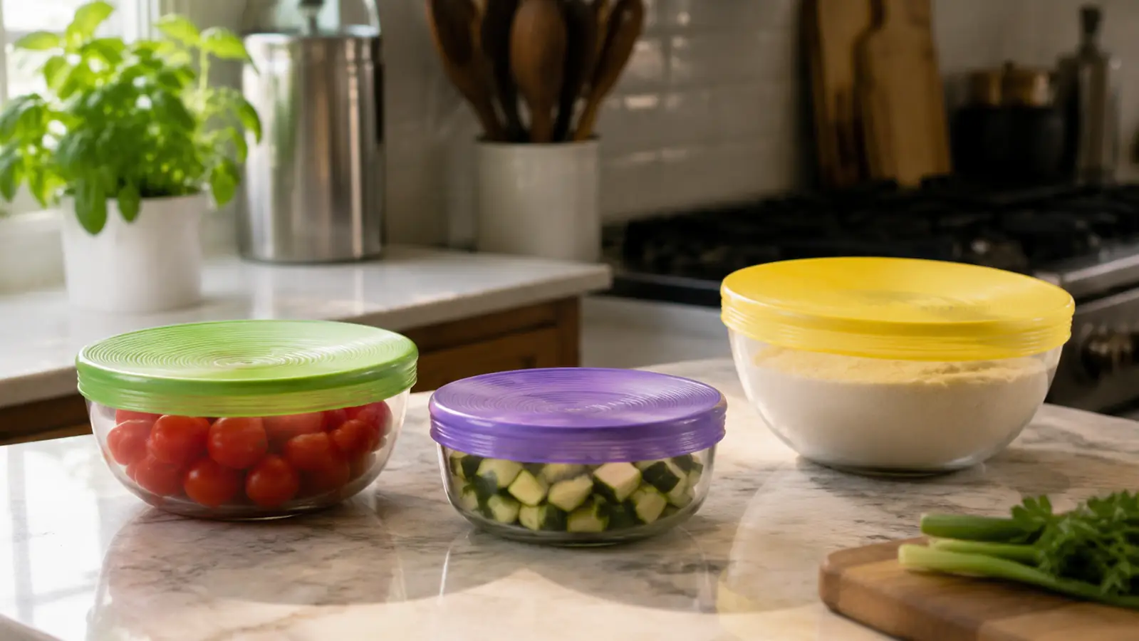 Assorted silicone stretch lids stretched over bowls of garden vegetables on a kitchen counter