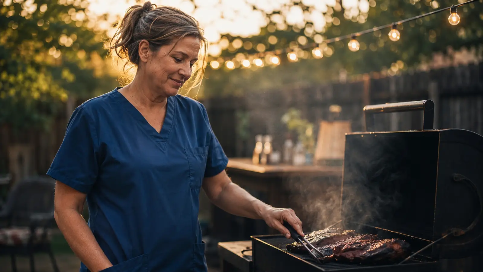 Woman in scrubs standing at a backyard smoker at dusk, steam rising off the lid