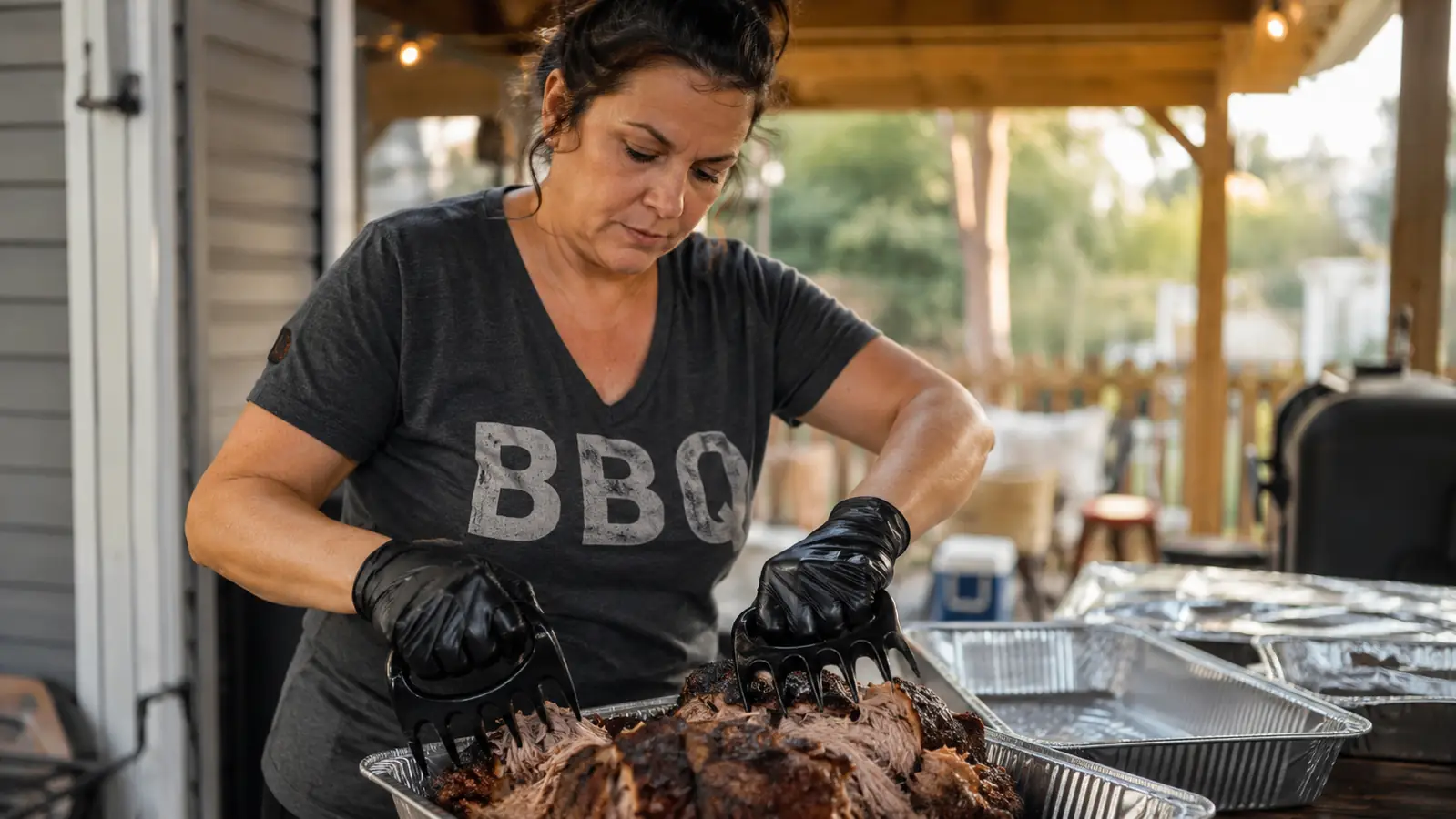 Woman shredding a pork shoulder with Bear Paws meat claws on a cutting board at an outdoor cookout