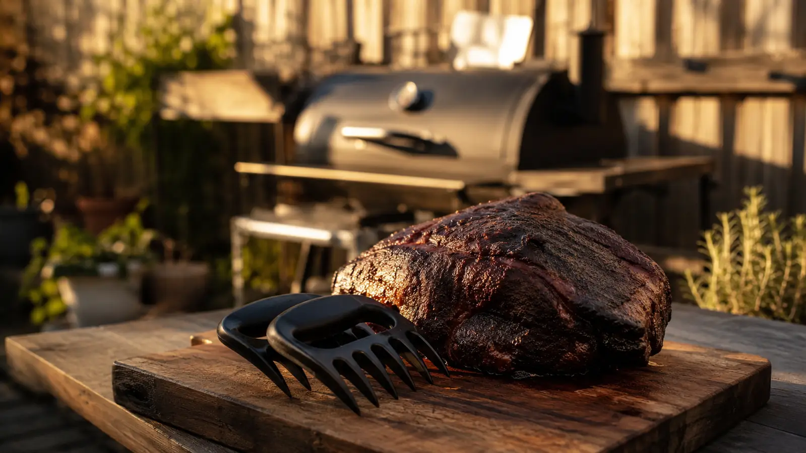 A pair of Bear Paws meat claws resting on a cutting board next to a freshly smoked pork shoulder, steam still rising