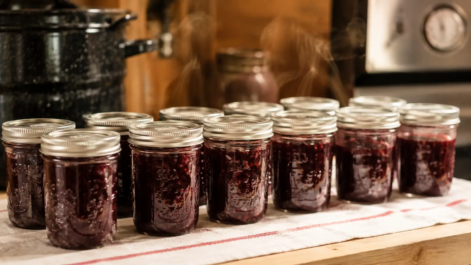 Rows of filled mason jars of cherry preserves cooling on a kitchen counter