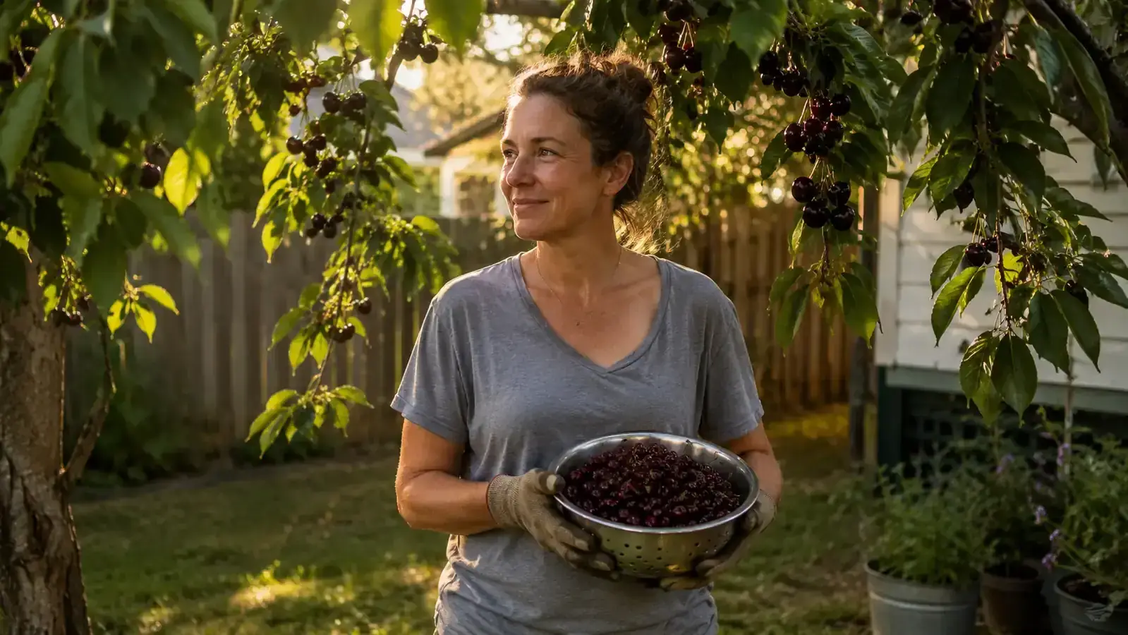 Woman standing under a backyard cherry tree holding a colander overflowing with dark red cherries