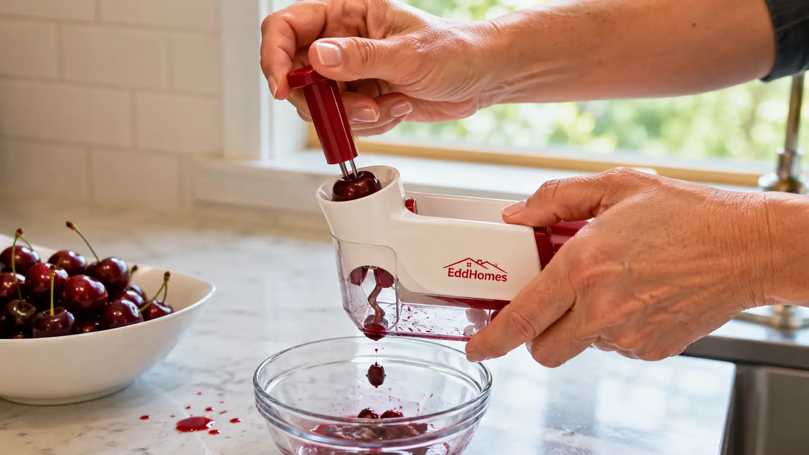 Close-up of a hand pressing a cherry through the EddHomes stainless cherry pitter over a bowl, juice visible on the plunger