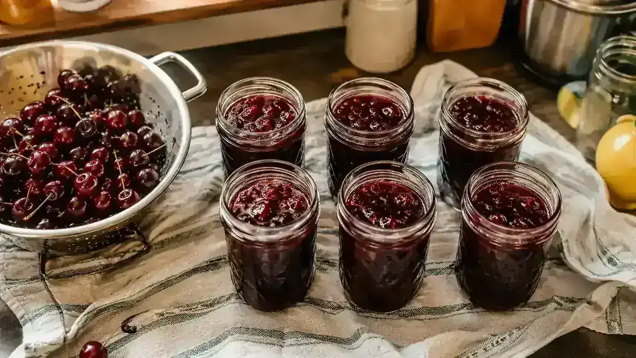 Rows of filled mason jars of cherry preserves cooling on a kitchen counter next to a colander of fresh cherries