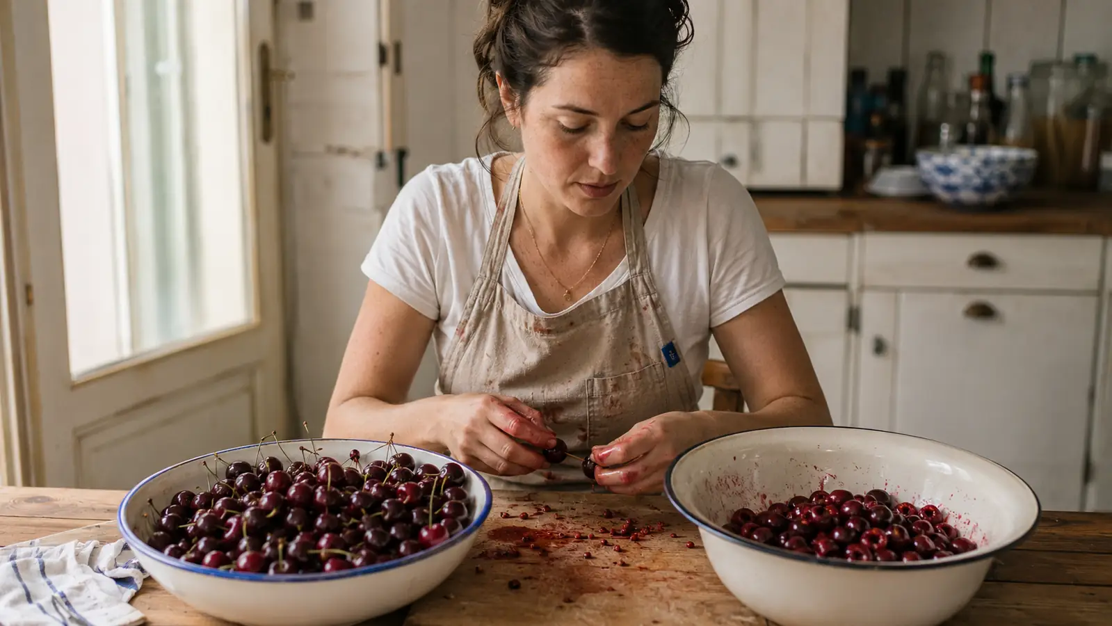 Woman at a kitchen table surrounded by bowls of pitted cherries, cherry juice staining a wooden cutting board