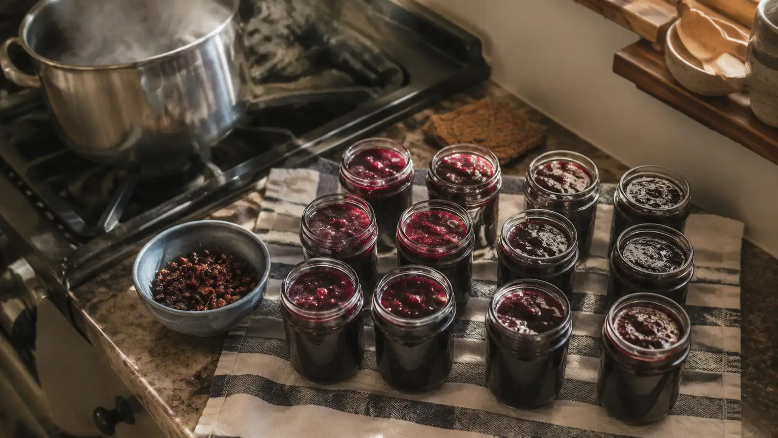 Rows of filled mason jars of cherry jam cooling on a kitchen towel next to a bowl of cherry pits