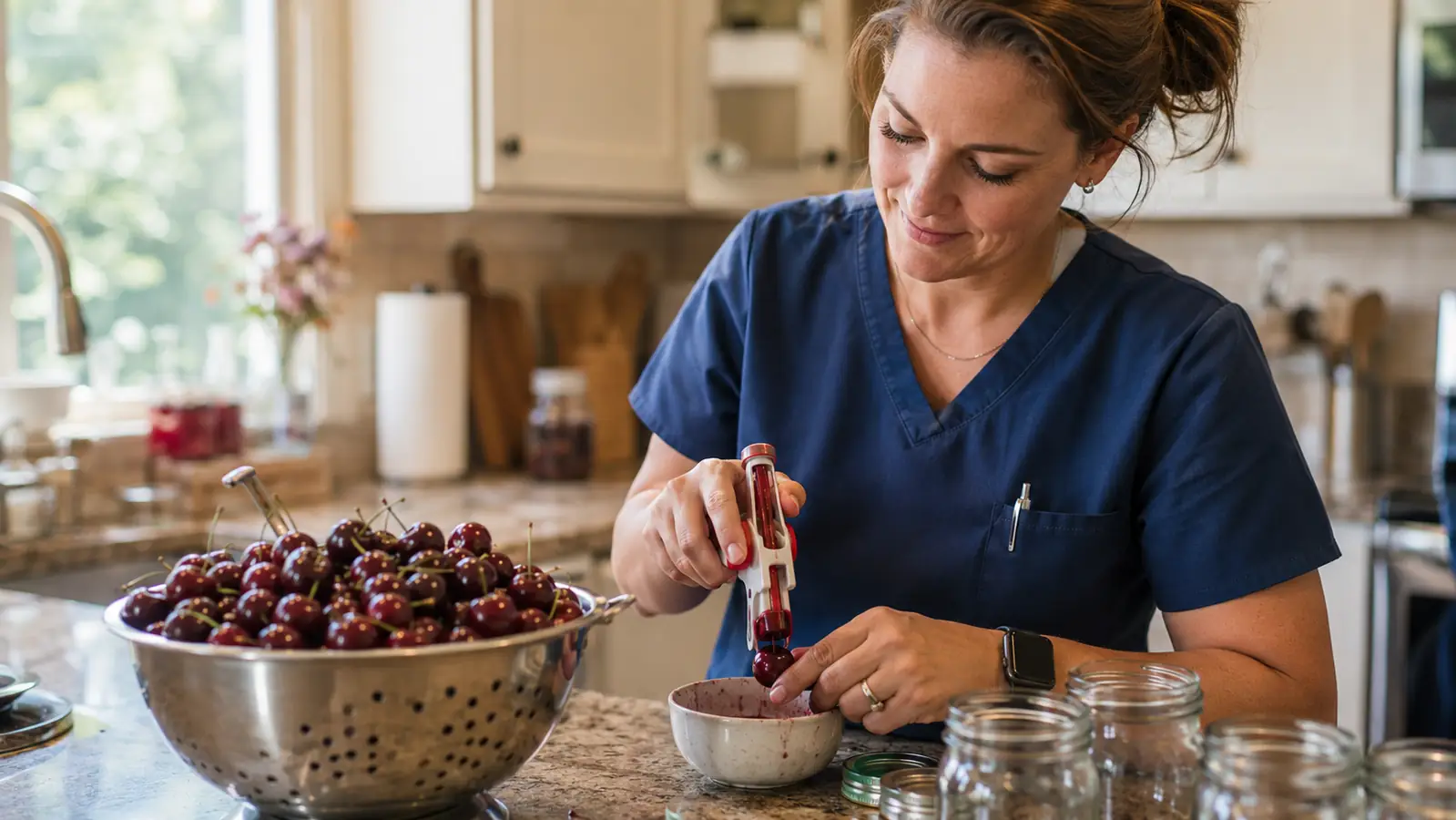 Woman in scrubs pitting fresh cherries at a farmhouse kitchen counter with a bowl of pits and a bowl of pitted cherries beside her