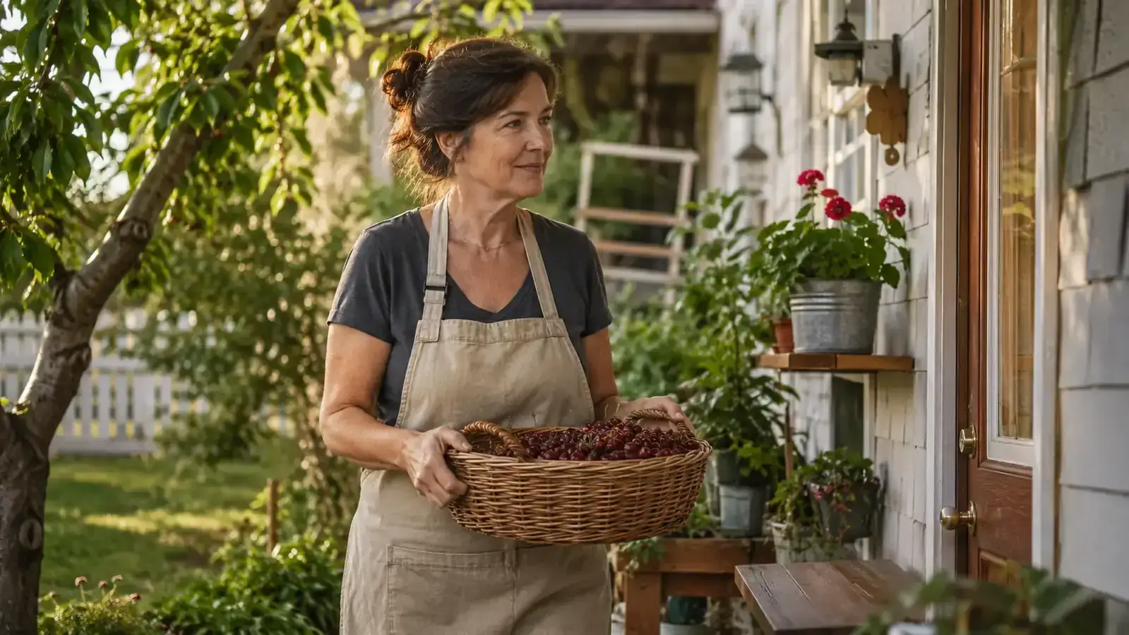 Woman in a garden apron carrying a basket of freshly picked cherries toward the kitchen door