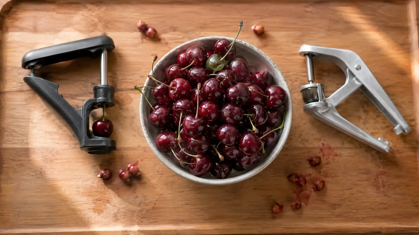 Two cherry pitters side by side on a wooden cutting board with a bowl of fresh sour cherries between them