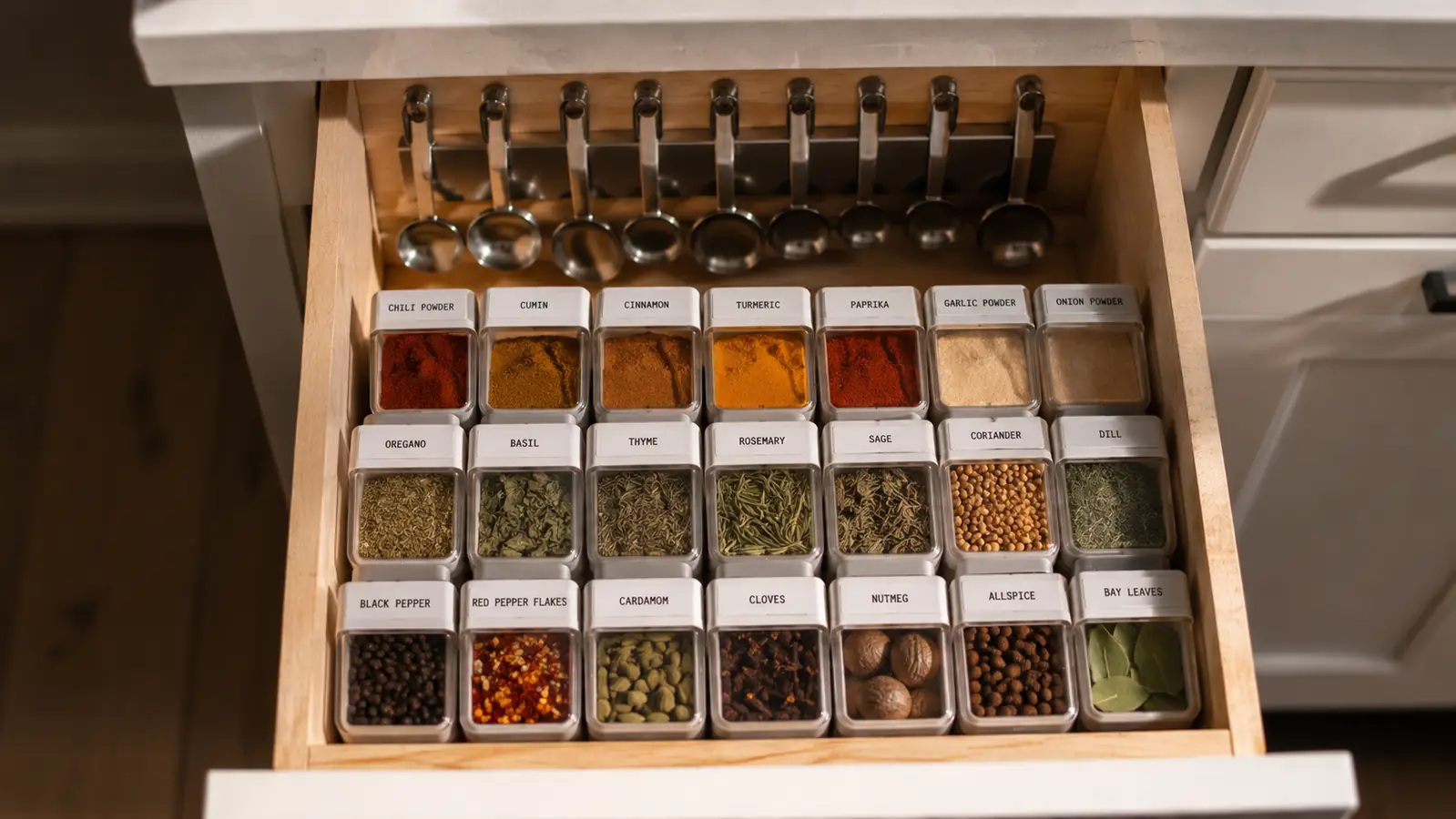Organized spice drawer with labeled bins and a set of magnetic measuring spoons stacked against the back wall