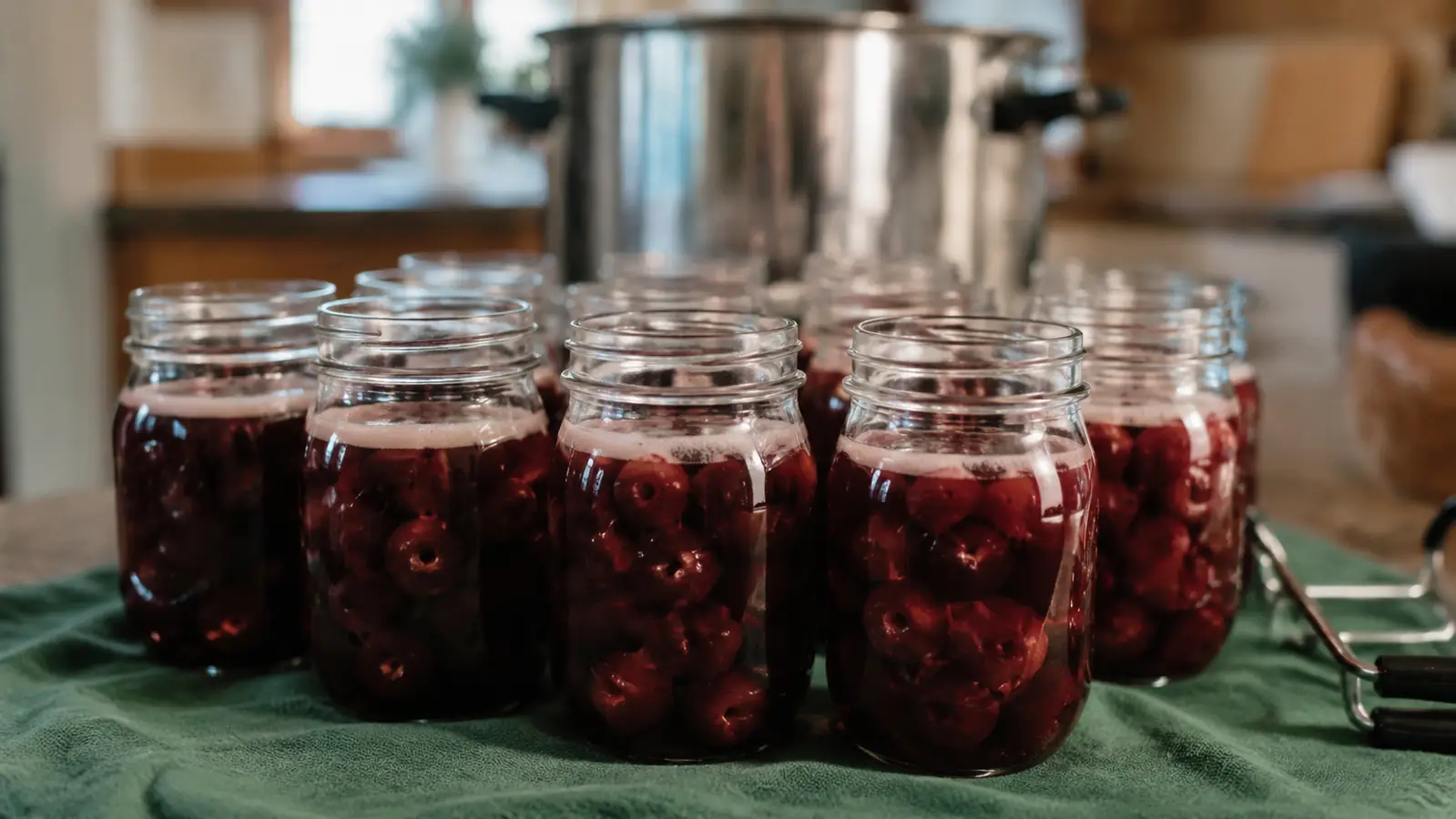 Rows of filled glass canning jars with pitted cherries and syrup, ready for the water bath canner