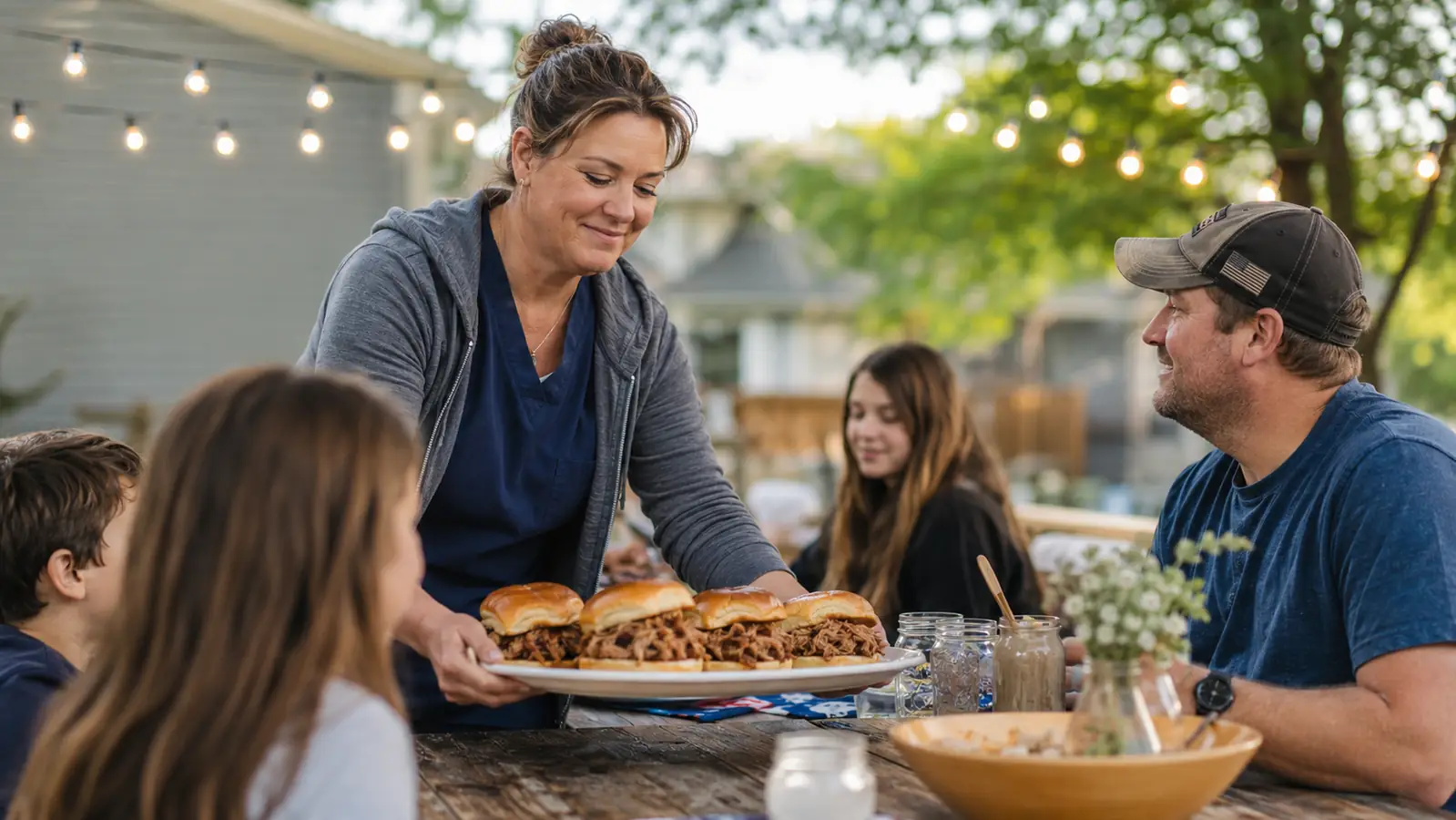 Woman in scrubs serving pulled pork sandwiches to family at an outdoor table on a weekend off