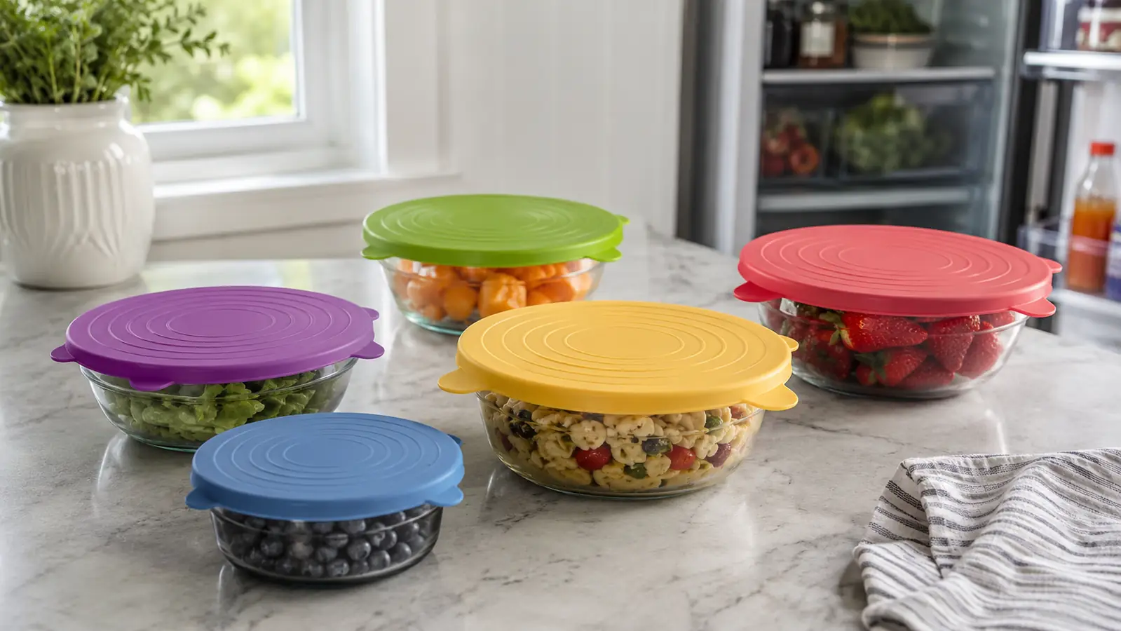 A set of colorful silicone stretch lids stretched over glass bowls of leftovers on a kitchen counter