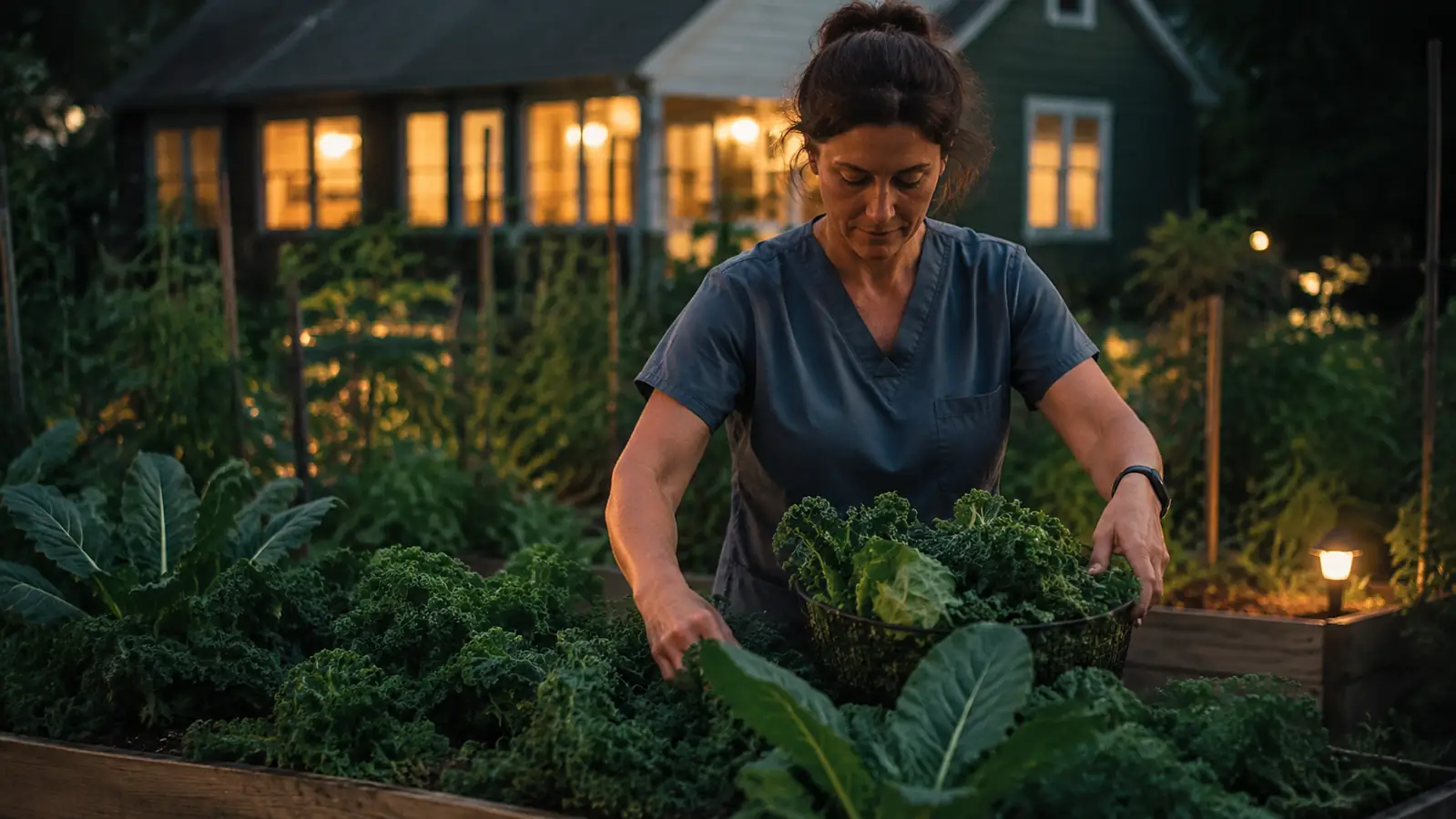 Woman harvesting kale and collard greens from a raised garden bed into a wire basket
