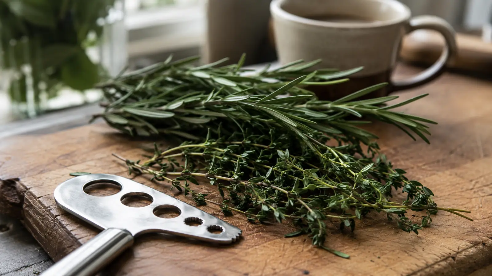 Fresh rosemary and thyme sprigs next to a stainless steel herb stripper on a wood cutting board in morning kitchen light