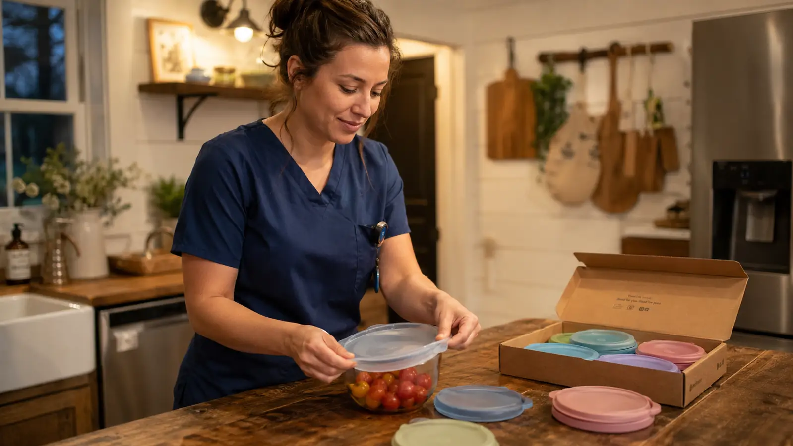 Woman in scrubs covering a glass bowl of garden tomatoes with a silicone stretch lid at her kitchen counter