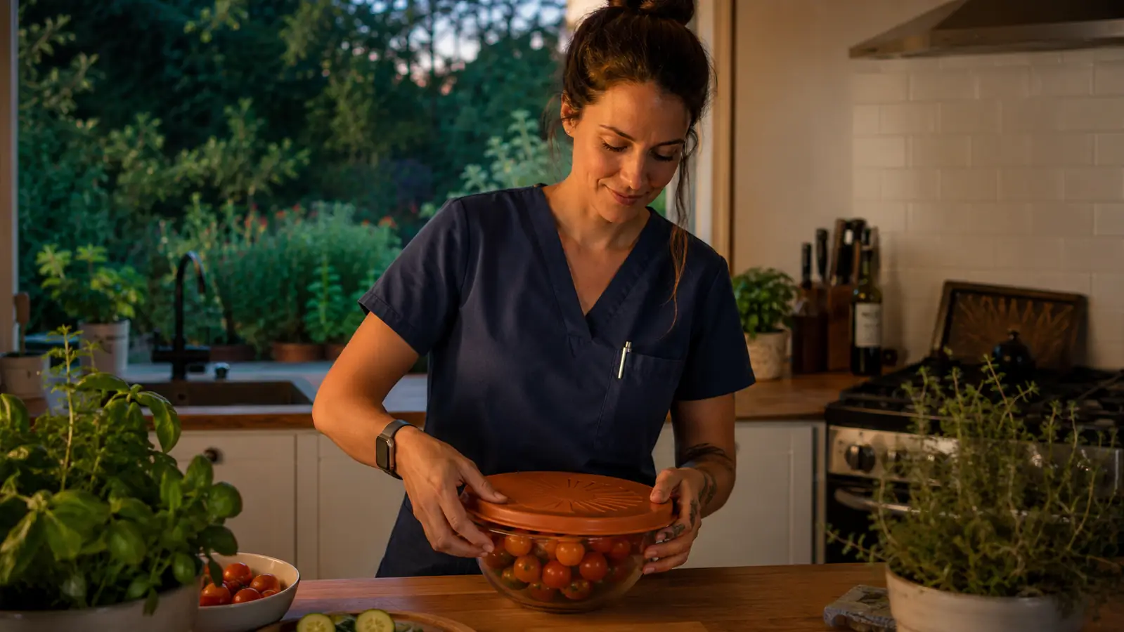 Woman in scrubs stretching a silicone lid over a glass mixing bowl of garden tomatoes in a farmhouse kitchen