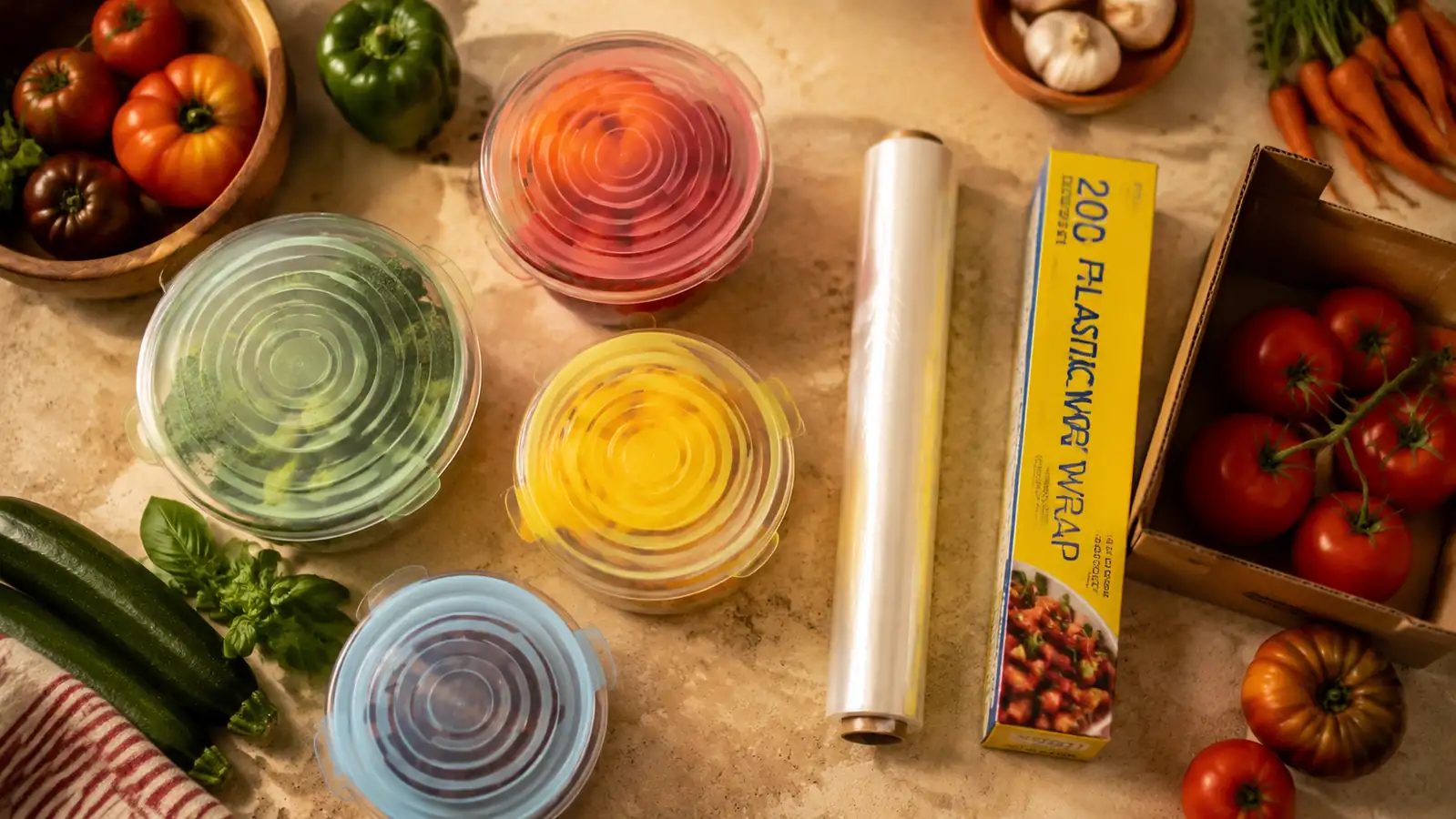 Silicone stretch lids and a roll of plastic wrap laid side by side on a kitchen counter next to bowls of fresh produce