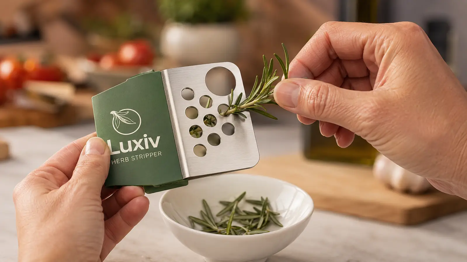 Hand pulling a rosemary sprig through the largest hole of a stainless steel herb stripper, leaves falling into a bowl