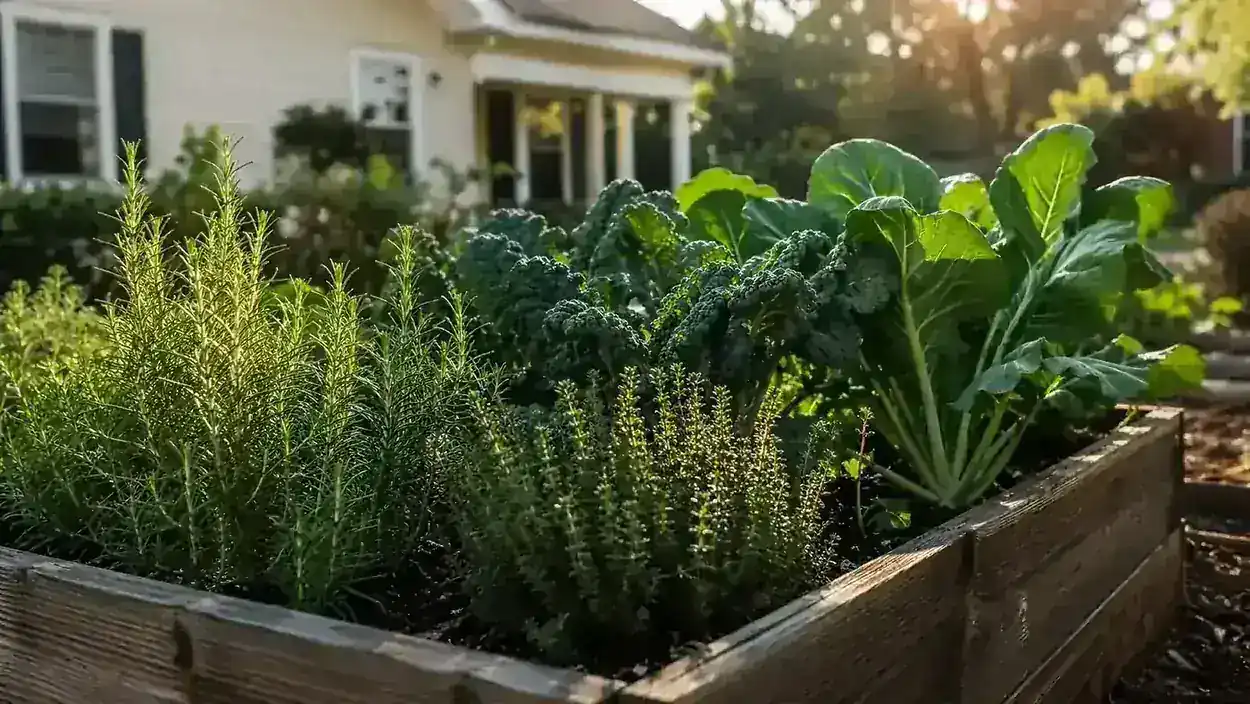 Raised garden bed with rosemary, thyme, kale, and collard greens growing in early morning light
