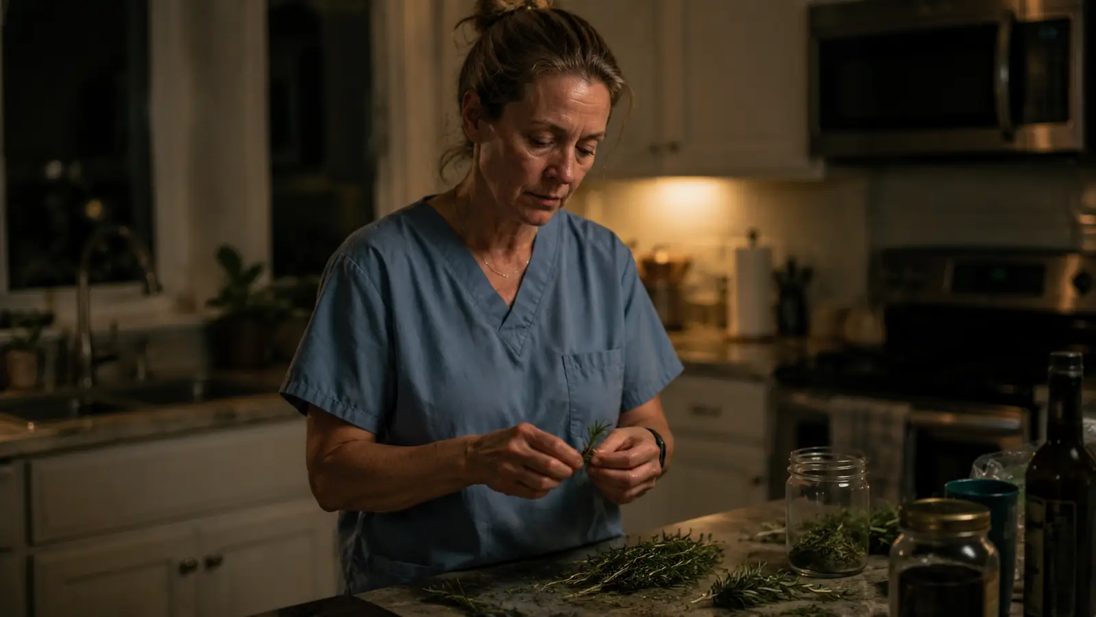 Woman in scrubs standing at a kitchen counter at night, stripping rosemary leaves by hand into a small bowl