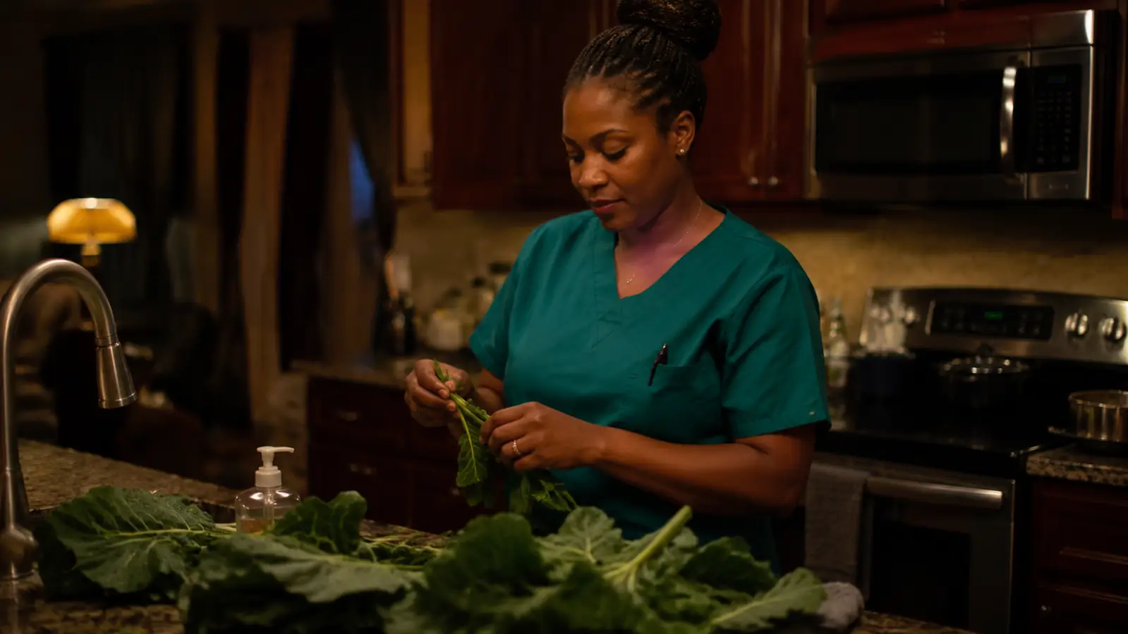 A woman in nurse scrubs stripping collard greens at a kitchen counter after an evening shift