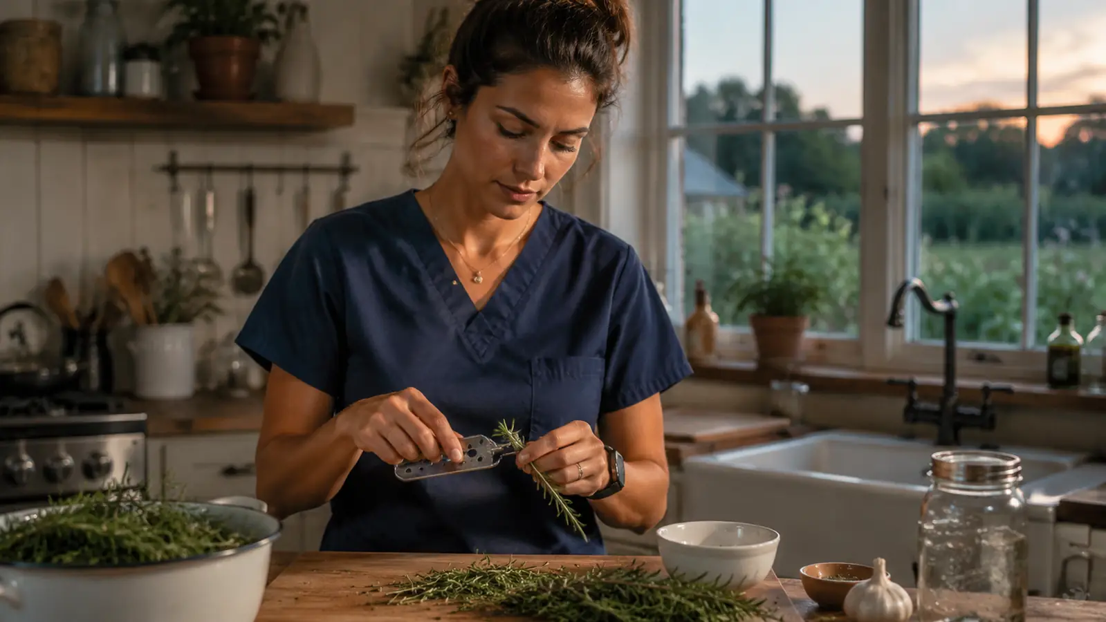 Woman in scrubs stripping fresh rosemary sprigs over a cutting board in a warm kitchen