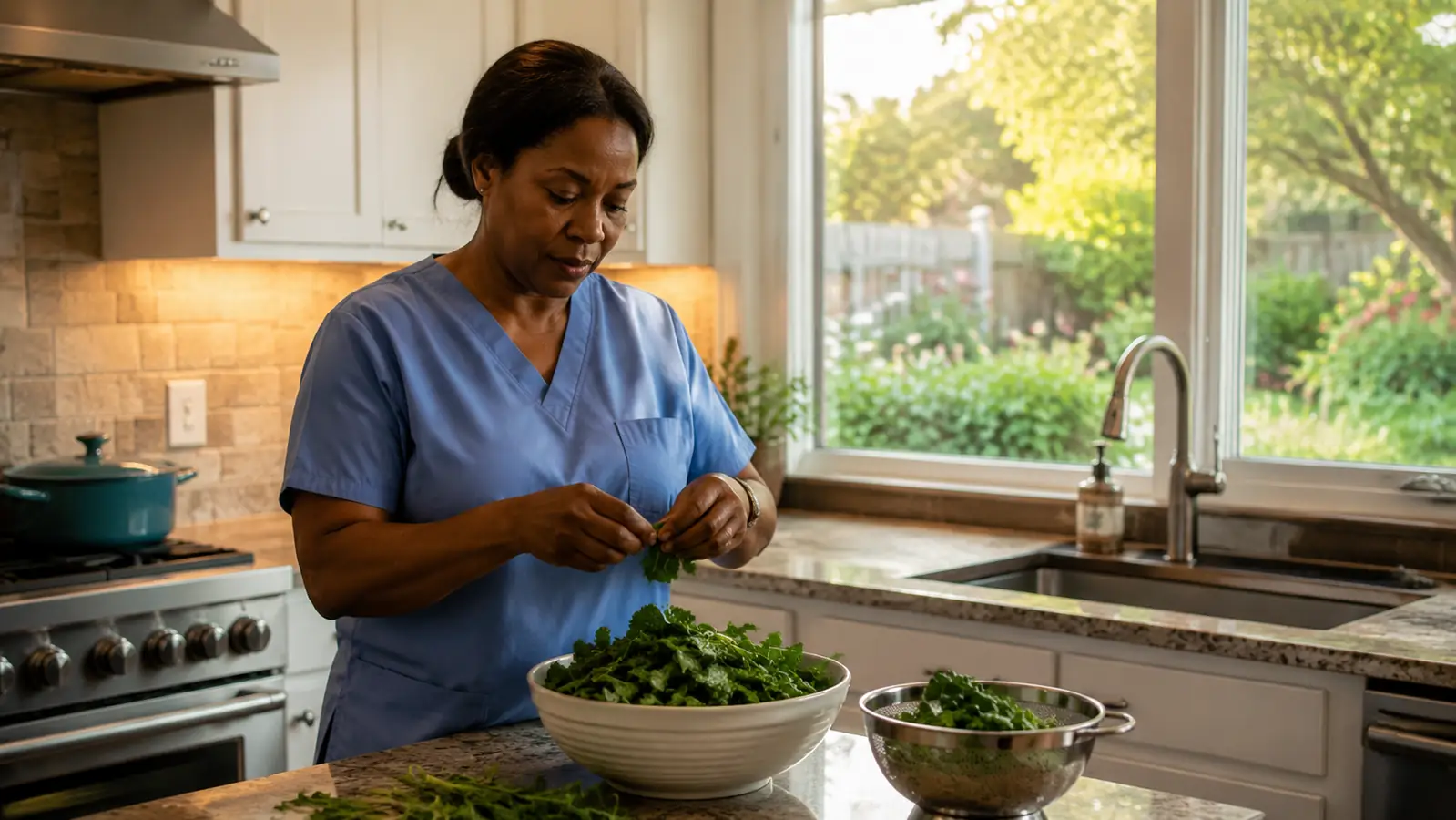 Woman in scrubs prepping a bowl of stripped kale and collard greens on a kitchen counter after a work shift