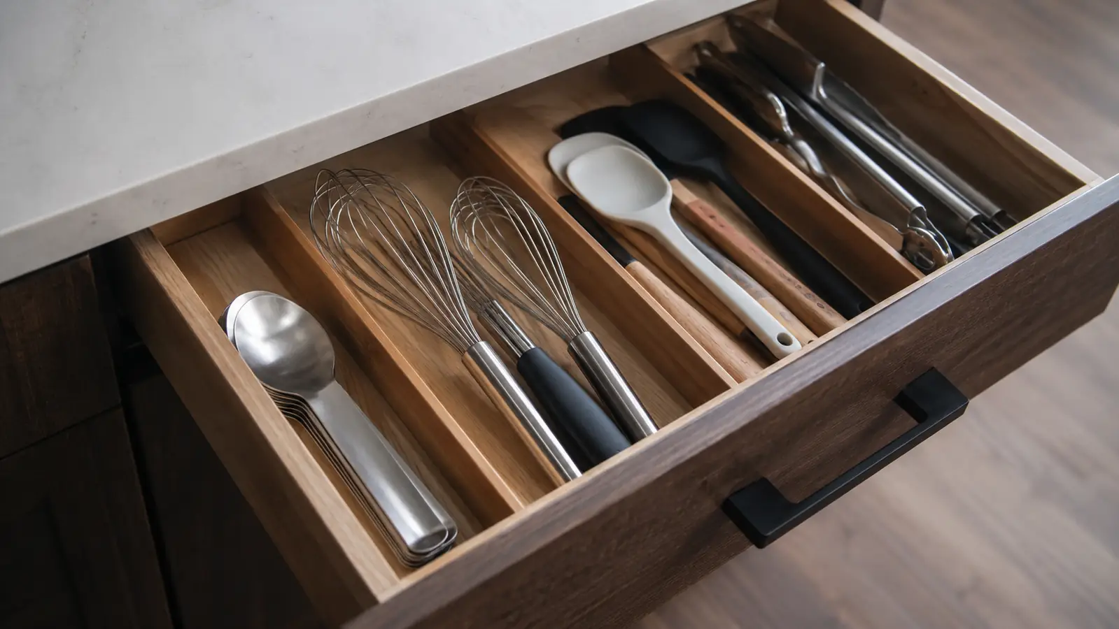 Open kitchen utensil drawer with one neat stack of spoons instead of loose scattered utensils