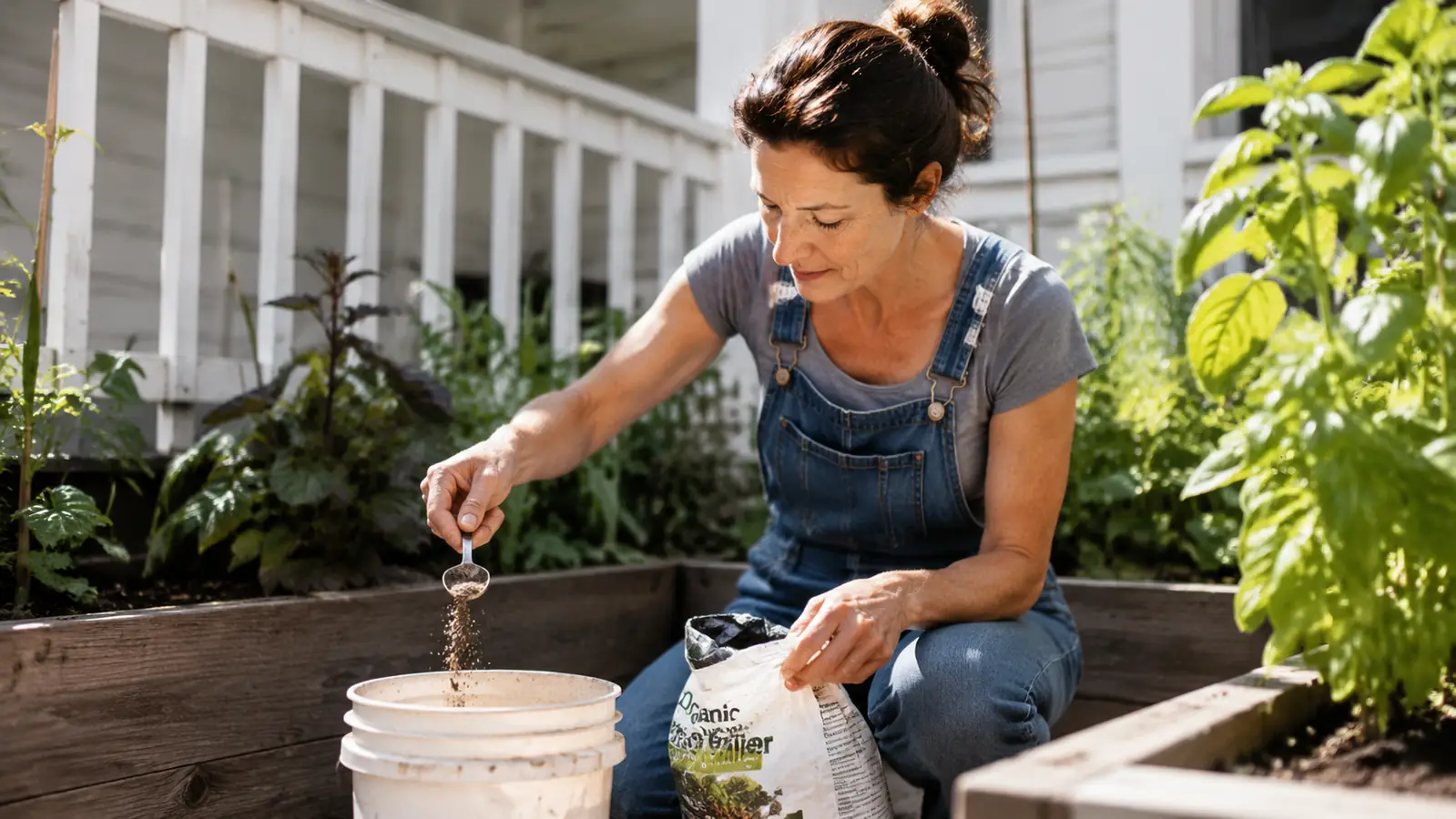Woman measuring fertilizer with a tablespoon over a garden soil bag on a porch