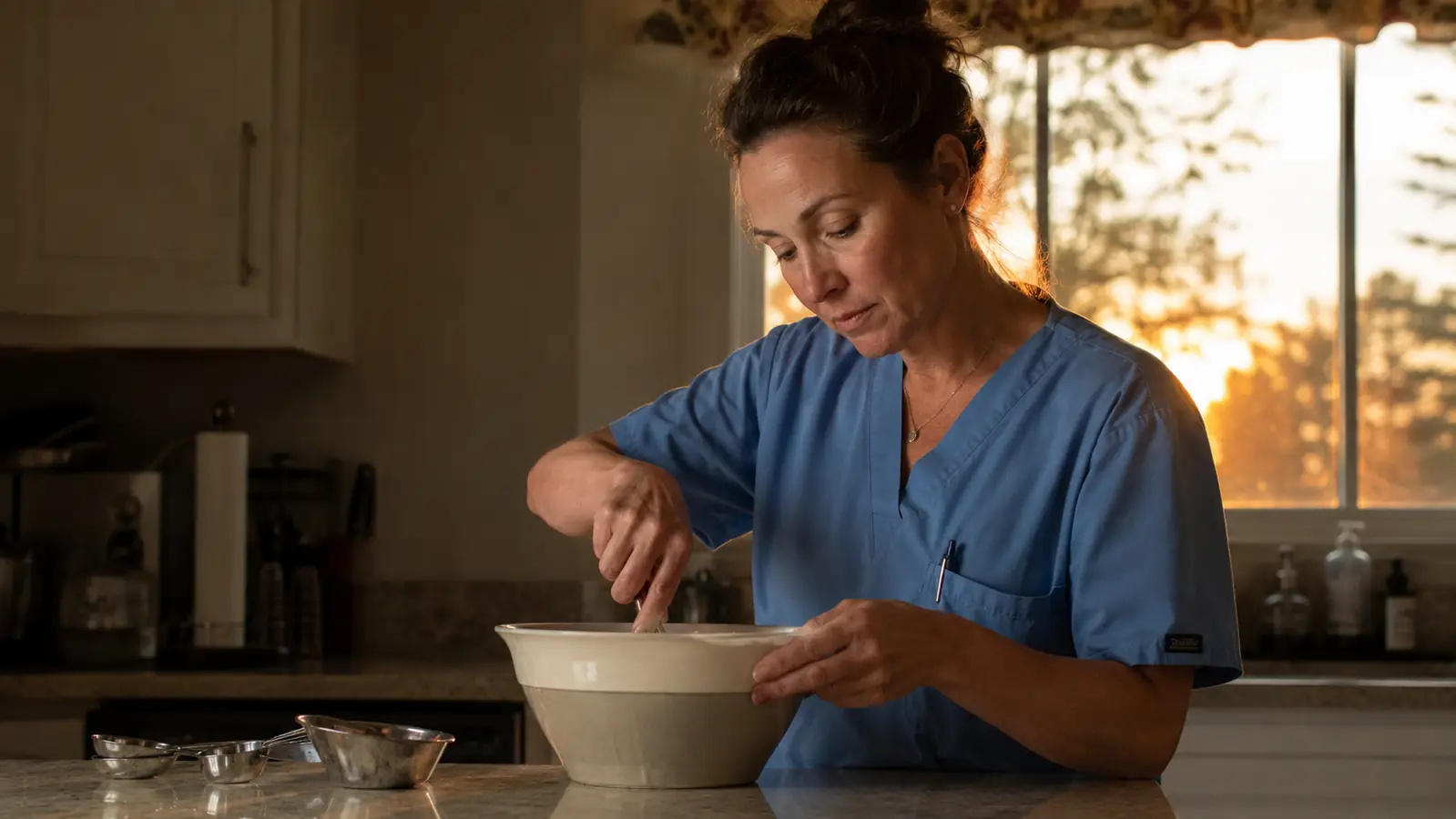 Woman in scrubs standing at a kitchen counter early in the morning with a mixing bowl and measuring spoons