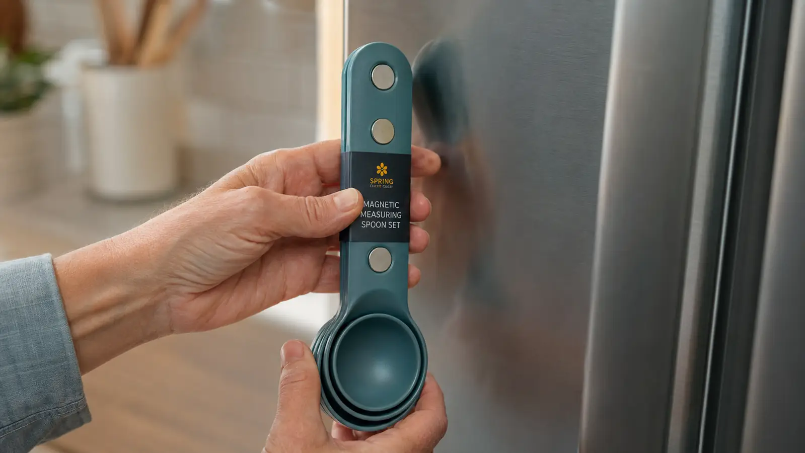 A hand pulling a nested stack of magnetic measuring spoons off a refrigerator door magnet strip