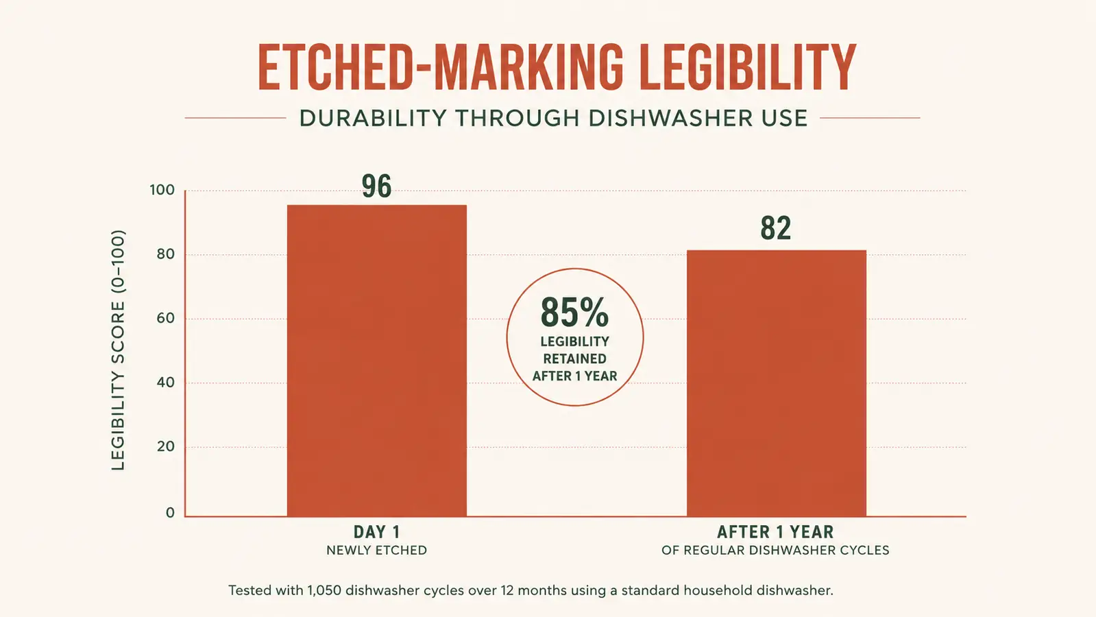 Bar chart comparing measurement marking legibility of the Spring Chef spoons at day one versus after one year of dishwasher use