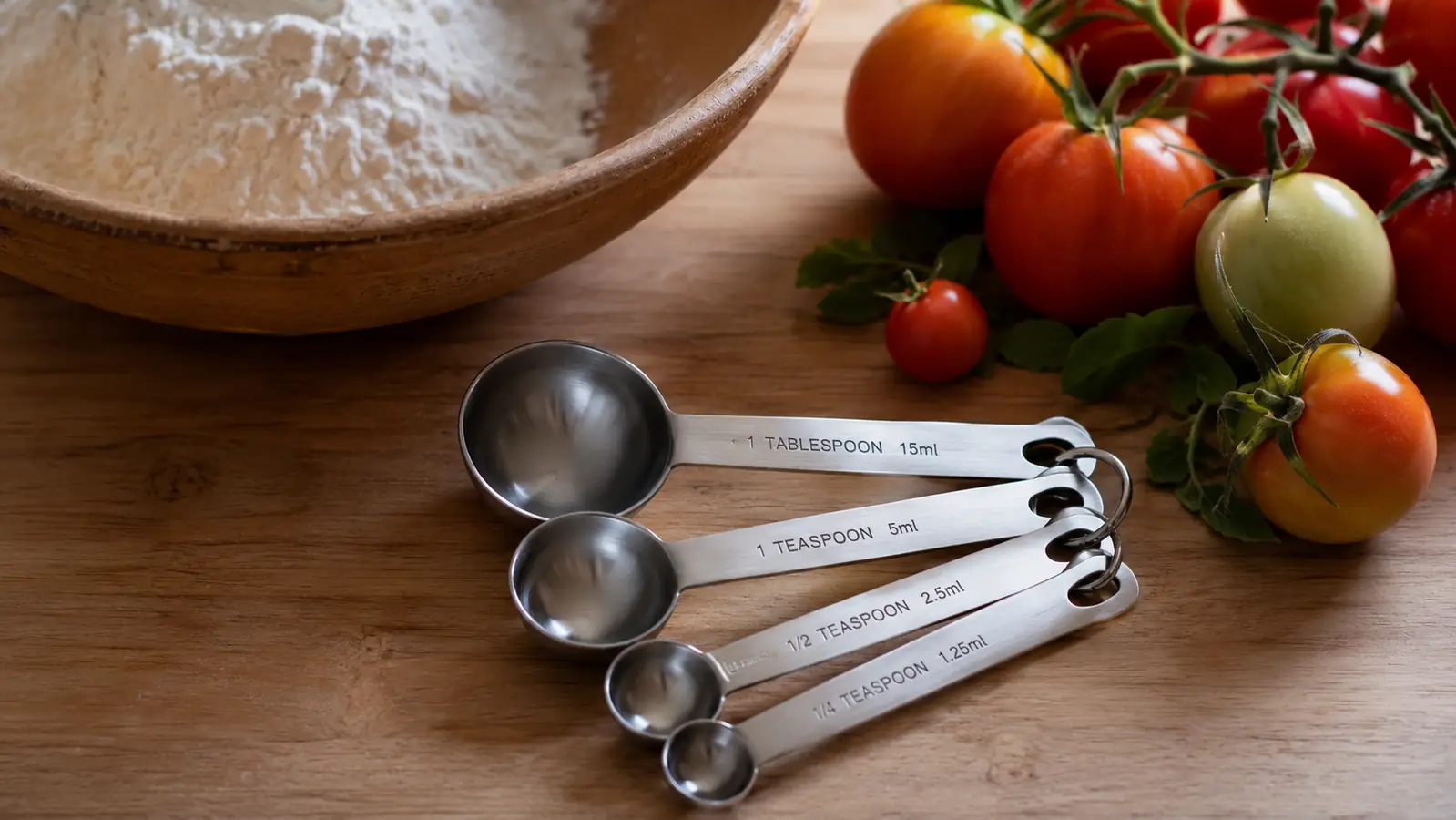 Stainless measuring spoons resting on a wooden counter next to a mixing bowl and fresh garden tomatoes