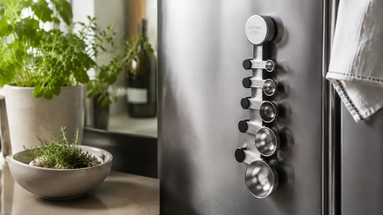 Magnetic measuring spoon set stacked and hanging from a stainless refrigerator door in a warm home kitchen