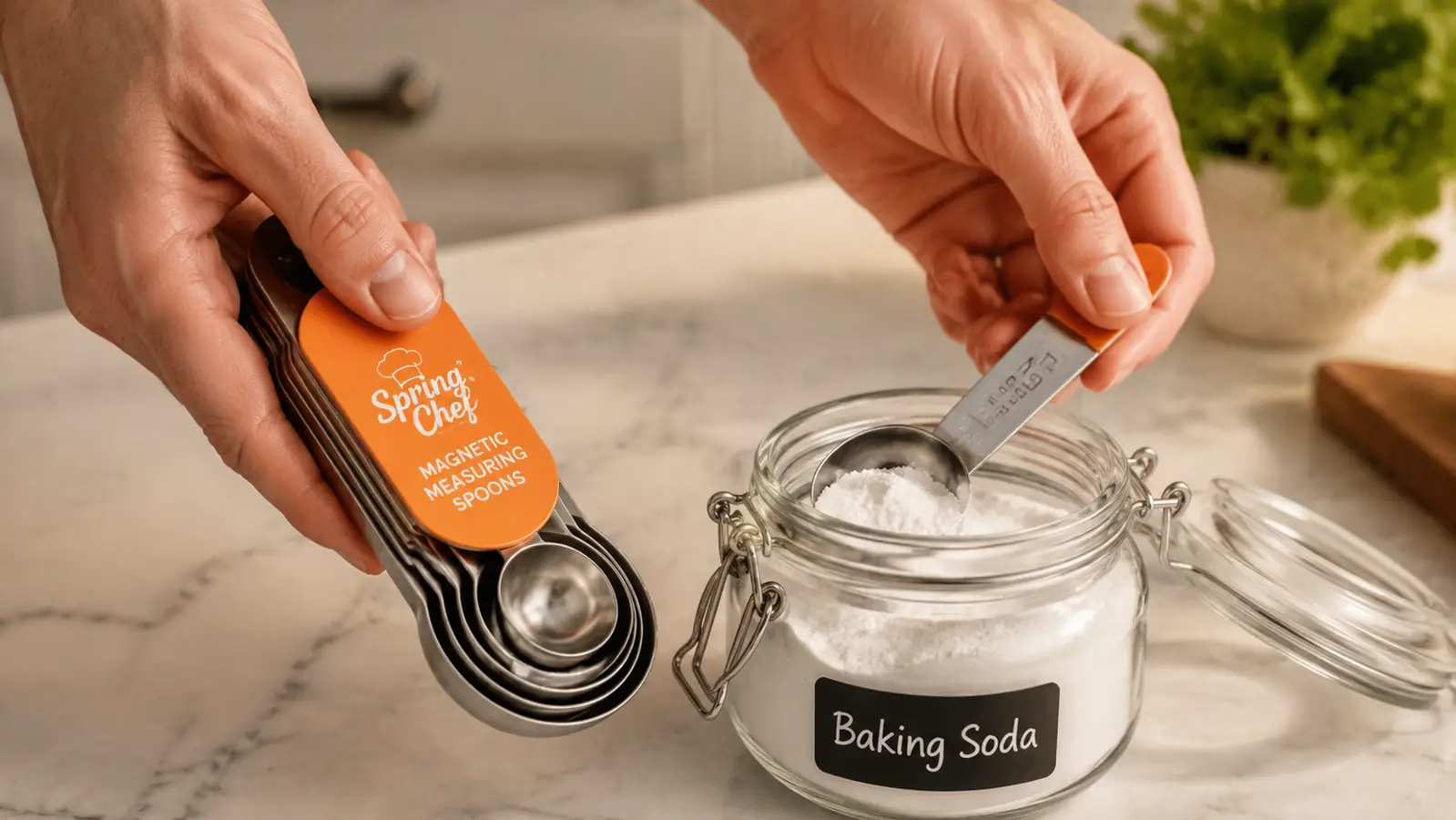 Hand pulling a single magnetic measuring spoon off a stacked set to scoop baking soda from a jar