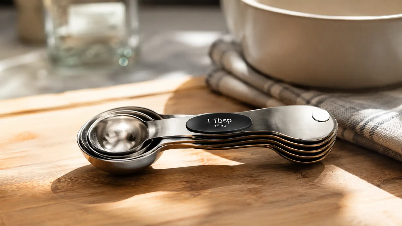 Set of stainless steel magnetic measuring spoons stacked together on a kitchen counter with morning light