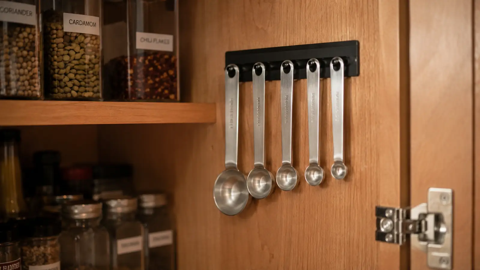 Spring Chef magnetic measuring spoons hanging from a magnetic strip mounted inside a spice cabinet